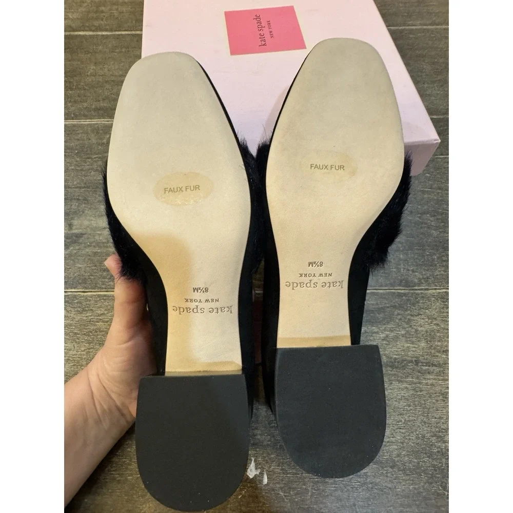 Kate Spade Gama loafers in‎ black suede with a faux fur trim Block Heel Size 8.5